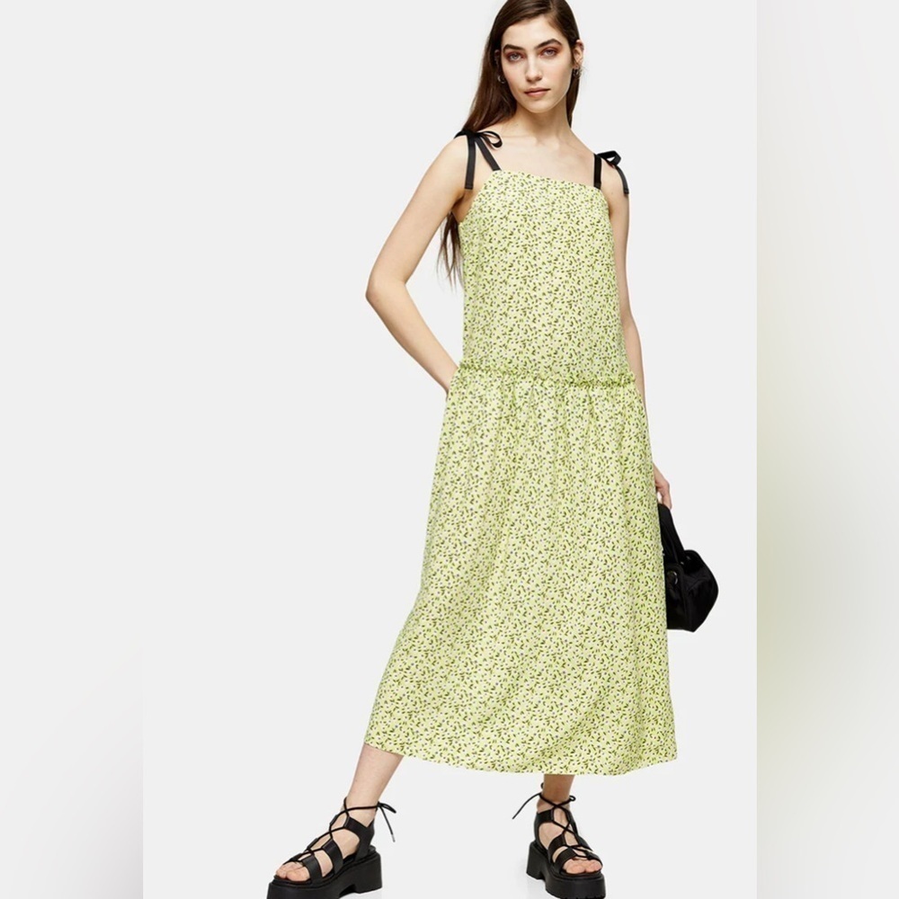 NEW Topshop Women’s Lime Green Floral Print Drop Waist Midi Dress Sz 2
